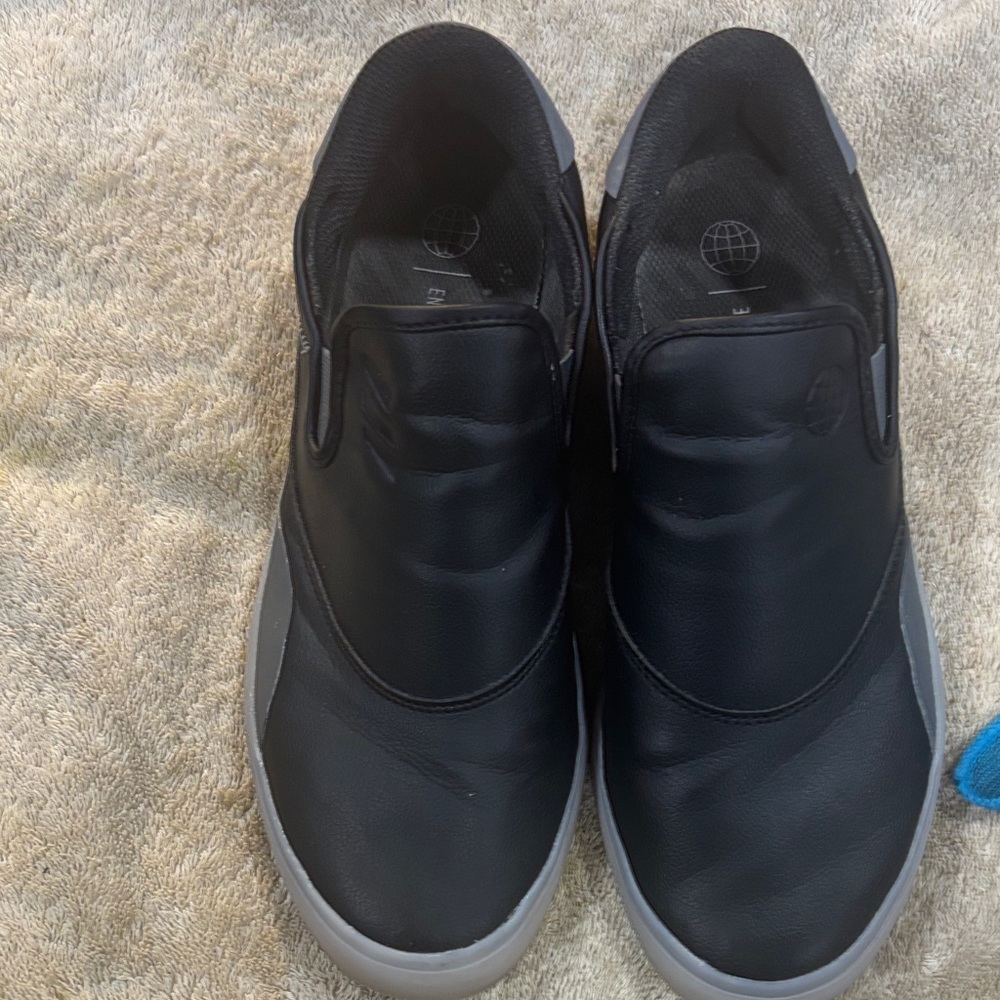 Adidas black leather slip on sneakers